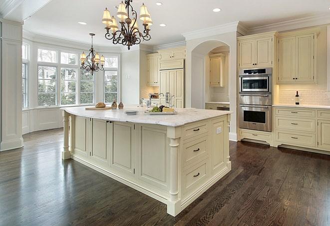 hardwood-look laminate floors in a newly renovated kitchen in Bedford